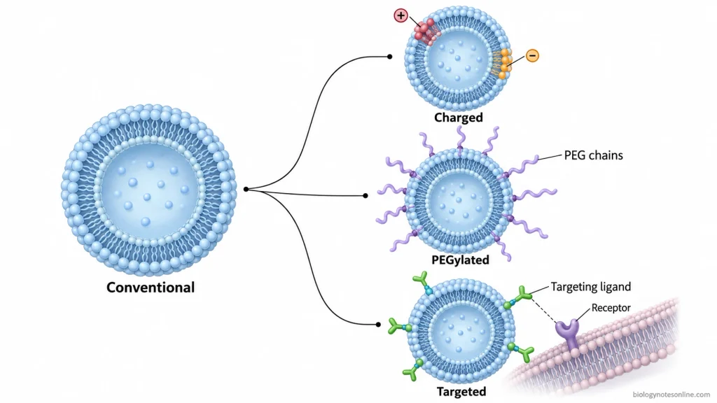 Structural comparison of conventional, charged, PEGylated and targeted liposomes showing different surface modifications.
