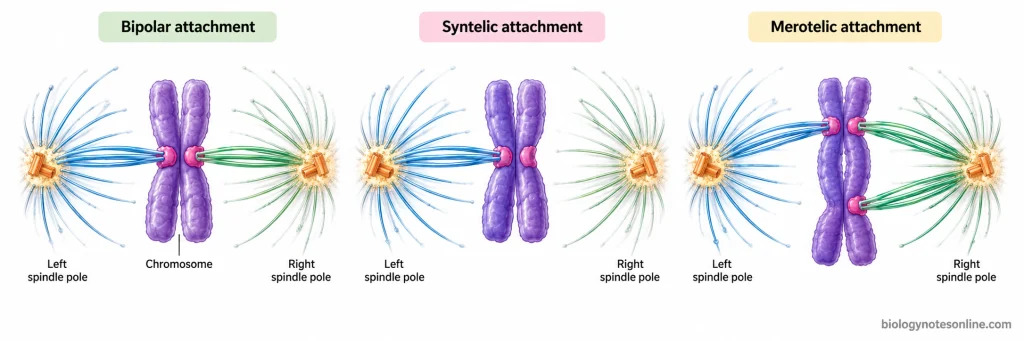 Comparison of bipolar, syntelic and merotelic kinetochore-microtubule attachments showing differences in chromosome connections to spindle poles.