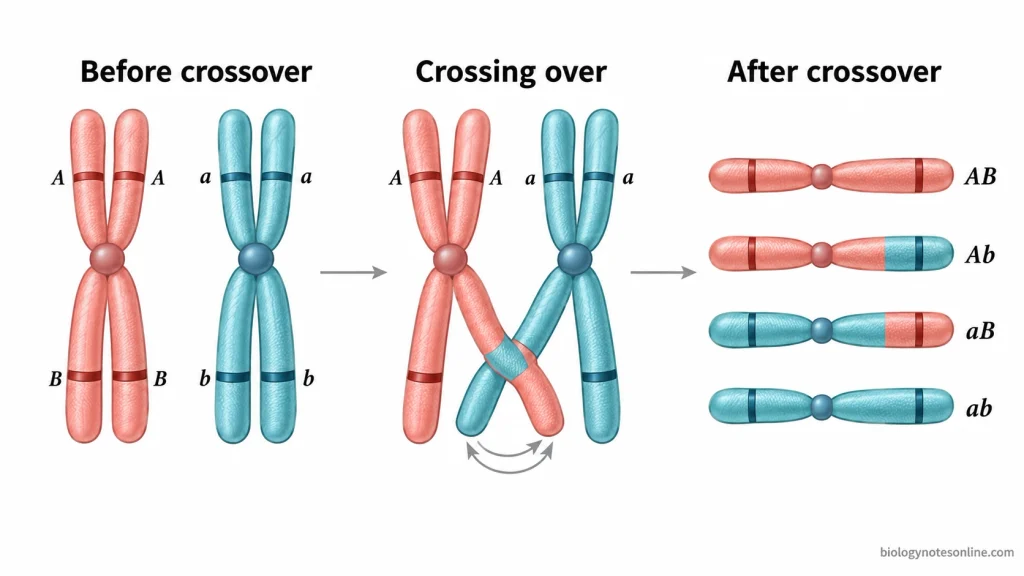 A single crossover between nonsister chromatids exchanges DNA segments, producing recombinant chromatids Ab and aB alongside unchanged chromatids AB and ab.