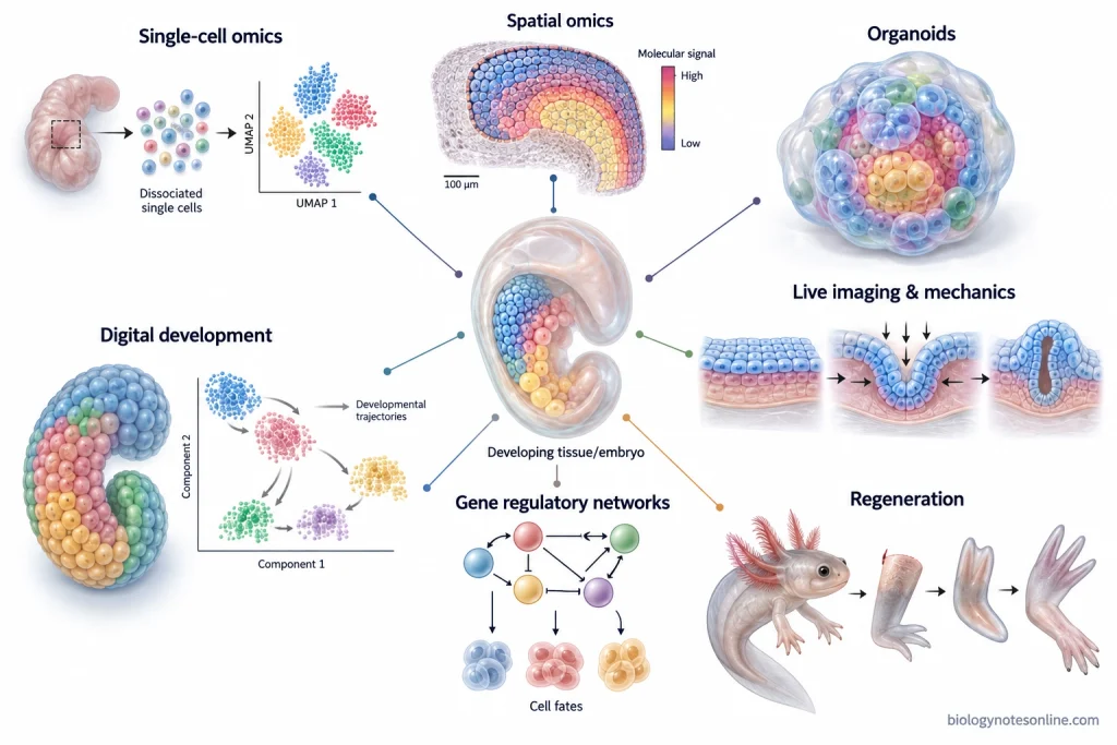 Integrated view of single-cell and spatial omics, organoids, live imaging and mechanics, regeneration, gene regulatory networks, and computational models used in modern developmental biology.