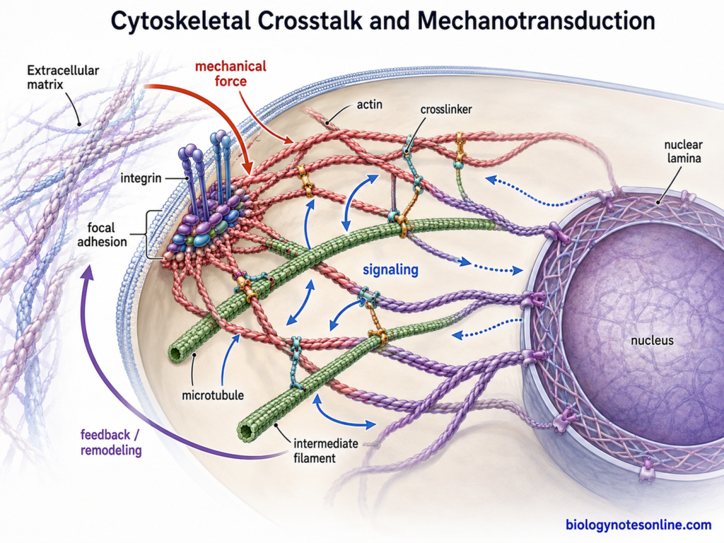 Actin, microtubules and intermediate filaments interacting between cell adhesions and the nucleus during mechanotransduction.