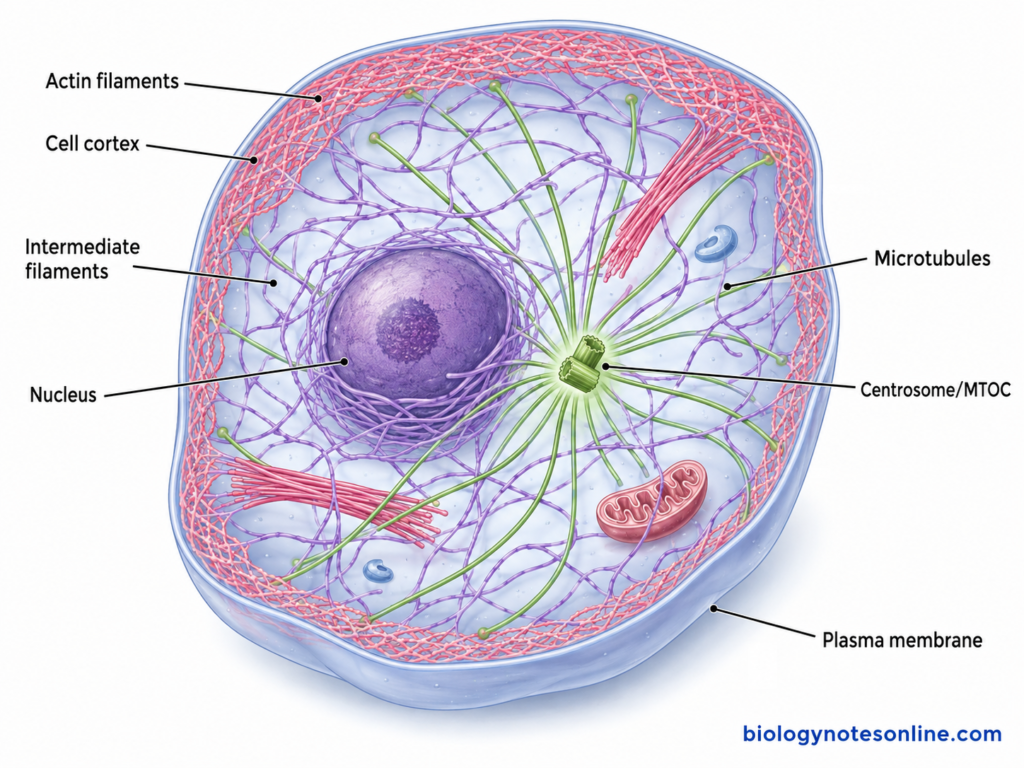 Animal cell showing cortical actin, intermediate filaments around the nucleus, and microtubules extending from a centrosome.