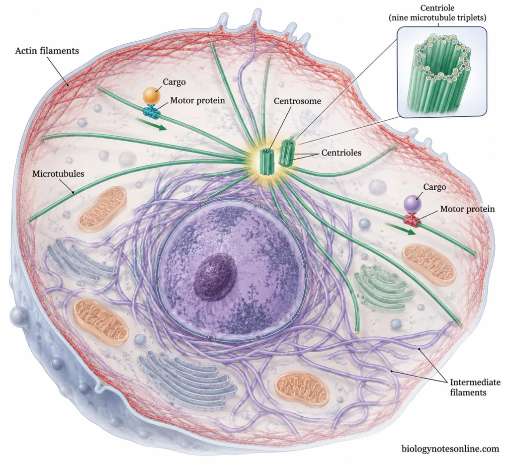Eukaryotic cell cytoskeleton showing actin filaments, intermediate filaments, microtubules radiating from the centrosome and motor proteins transporting cargo.