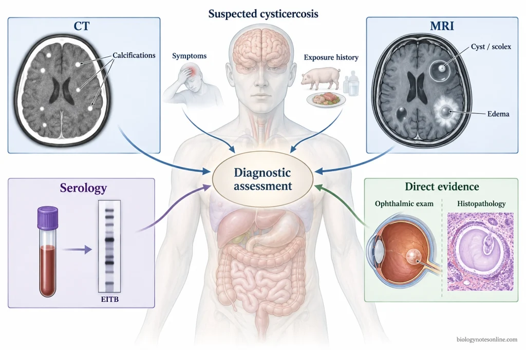 Cysticercosis: Causes, Symptoms, Diagnosis and Treatment 5 Diagnostic overview of cysticercosis showing CT for calcifications, MRI for cysts and edema, serology, ophthalmic examination and histopathology.
