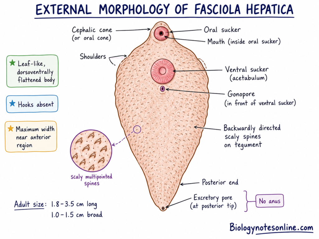 Diagram showing External Morphology of Fasciola hepatica