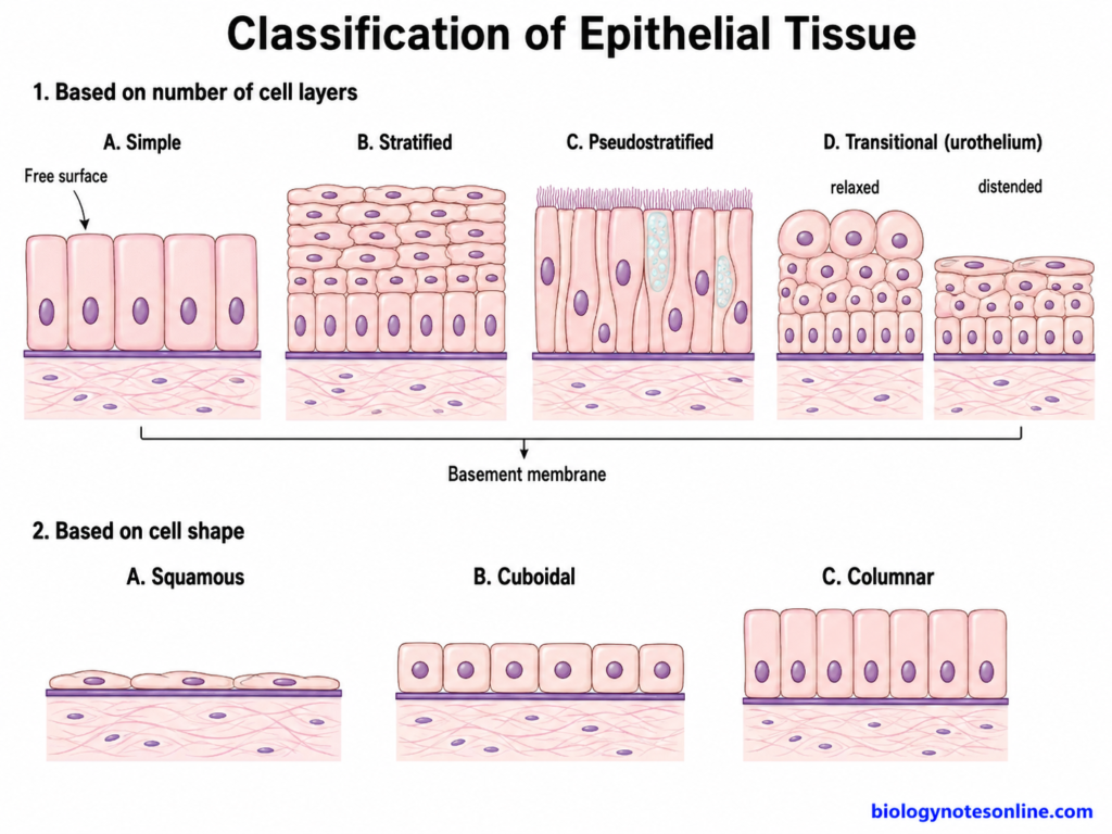 Diagram showing Classification of Epithelial Tissue