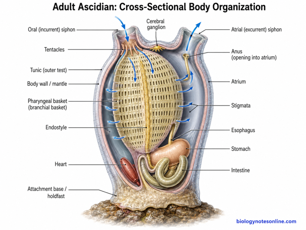 Diagram showing Cross-sectional adult ascidian