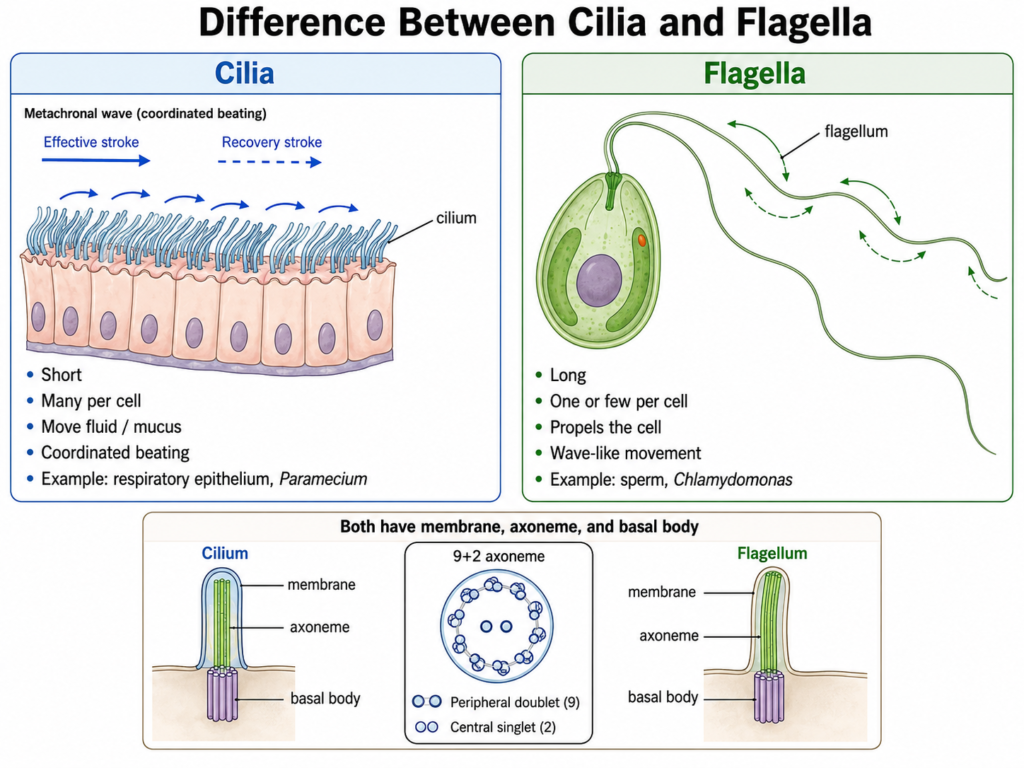 Diagram showing Difference Between Cilia and Flagella