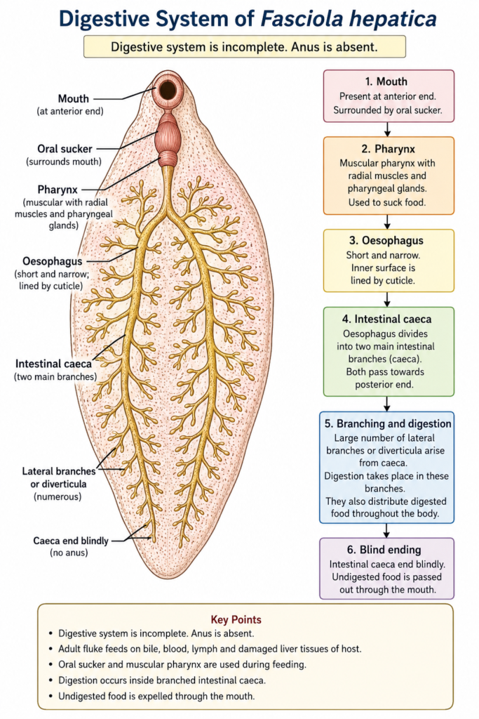 Diagram showing Digestive system of Fasciola hepatica