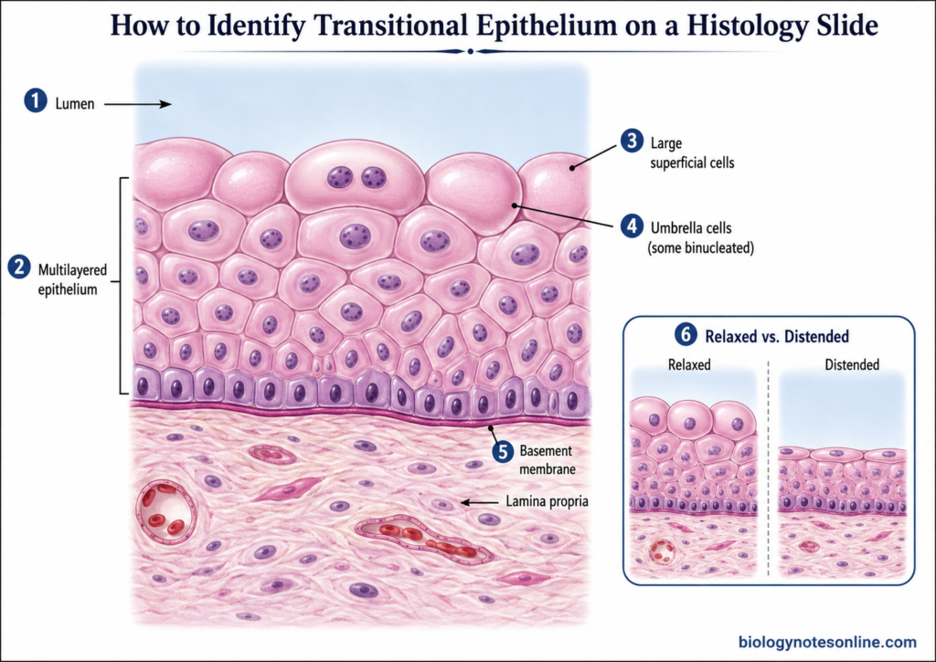 Diagram showing How to Identify Transitional Epithelium on a Histology Slide