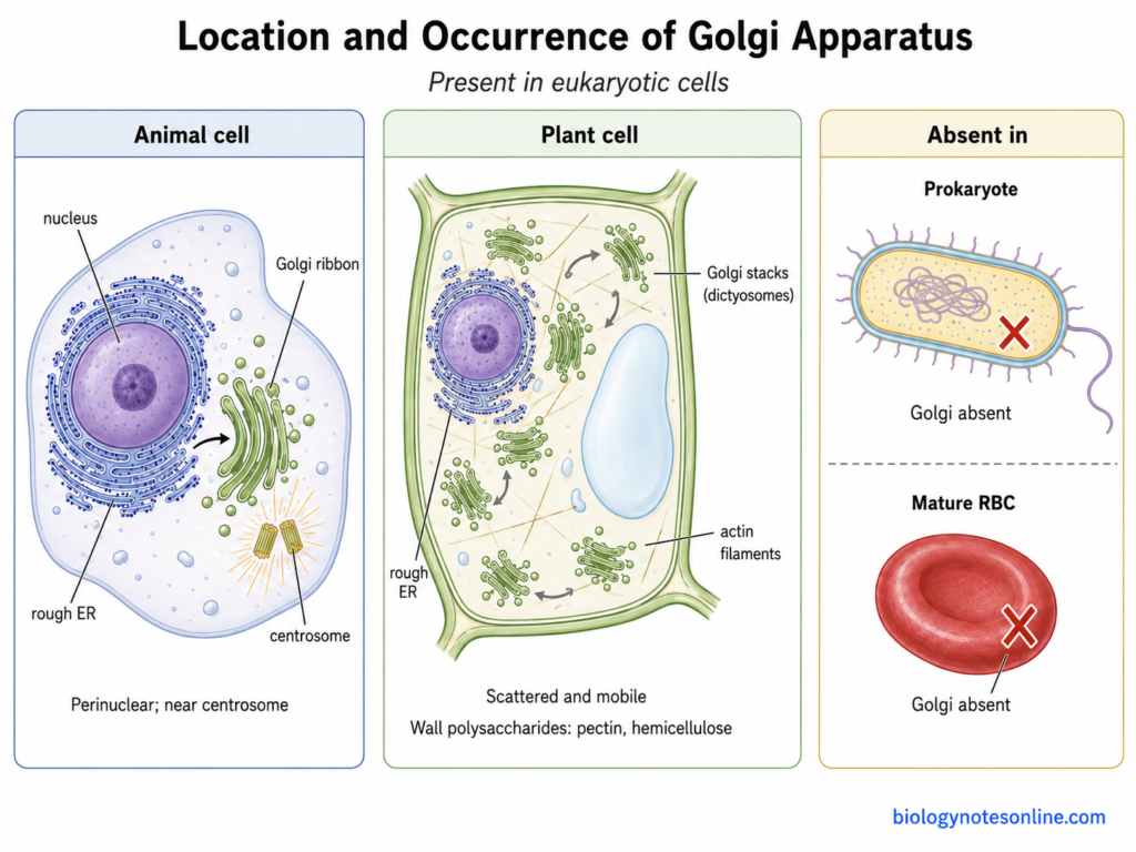 Diagram showing Location and Occurrence of Golgi Apparatus