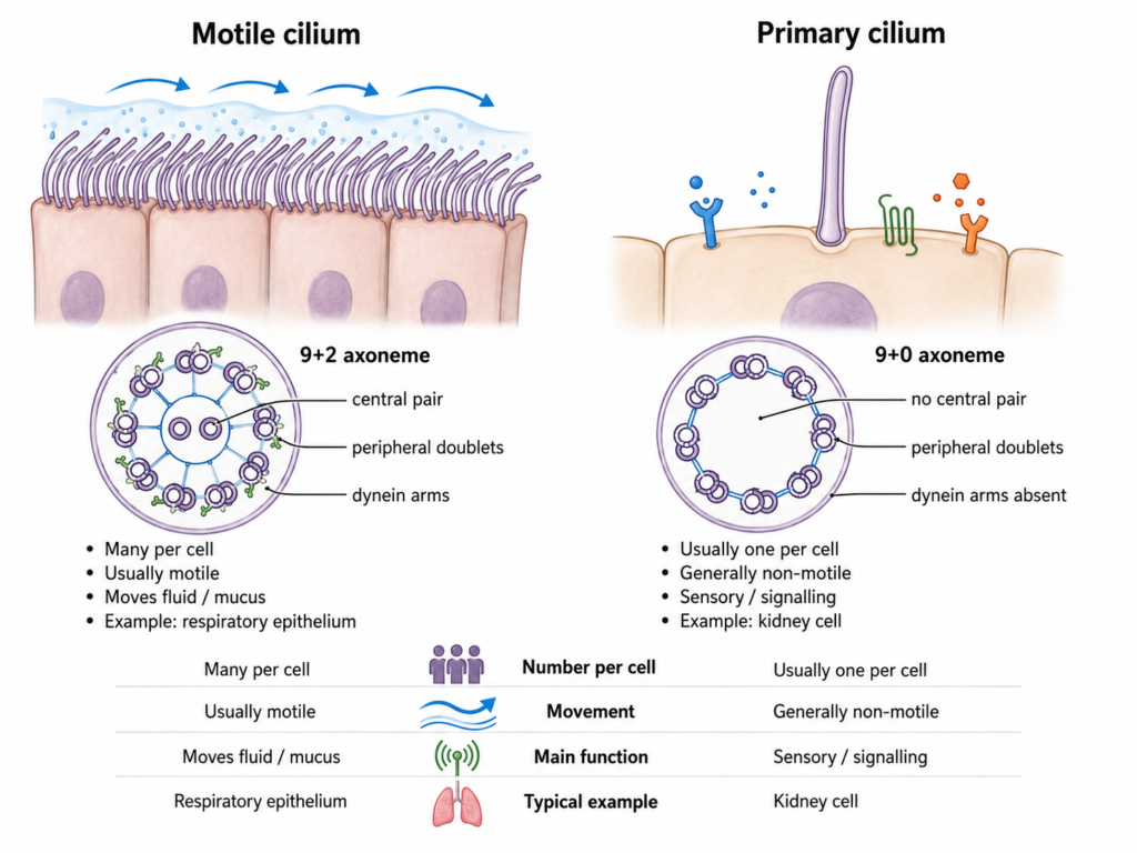 Diagram showing Motile Cilium vs Primary Cilium