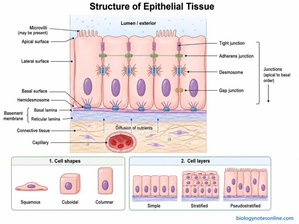 Diagram showing Structure of Epithelial Tissue