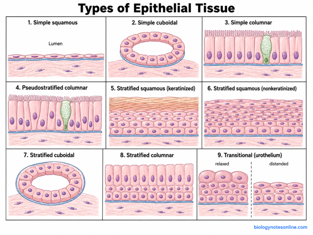 Diagram showing Types of Epithelial Tissue
