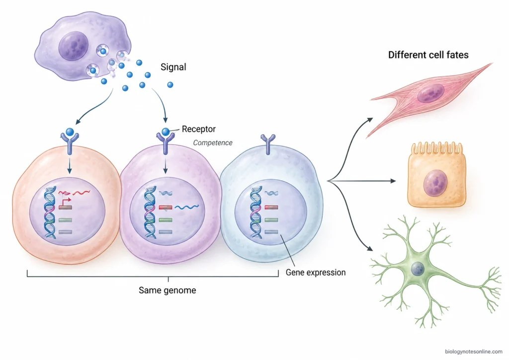 Genetically similar progenitor cells receive developmental signals, activate different subsets of genes, and differentiate into distinct cell types.