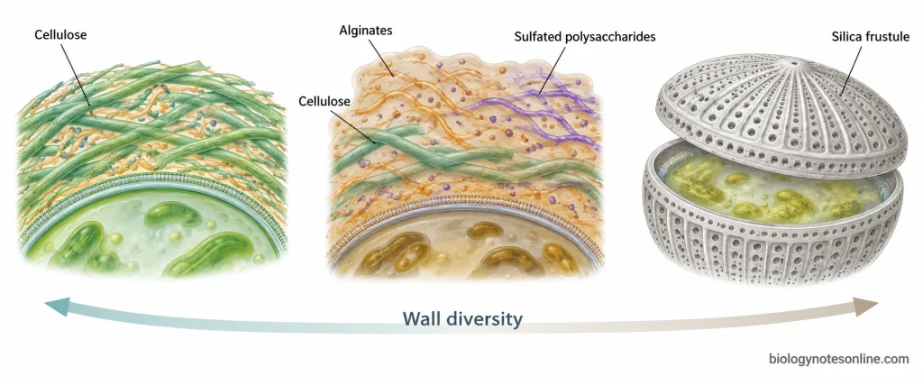 Comparison of representative algal walls showing a cellulose-rich wall, a brown algal alginate-rich matrix, and a diatom silica frustule.