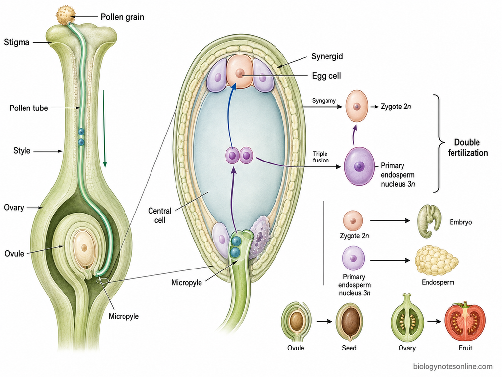 Flowering-plant double fertilization showing pollen-tube growth into the ovule, release of two male gametes, syngamy forming a diploid zygote, and triple fusion forming the triploid primary endosperm nucleus.