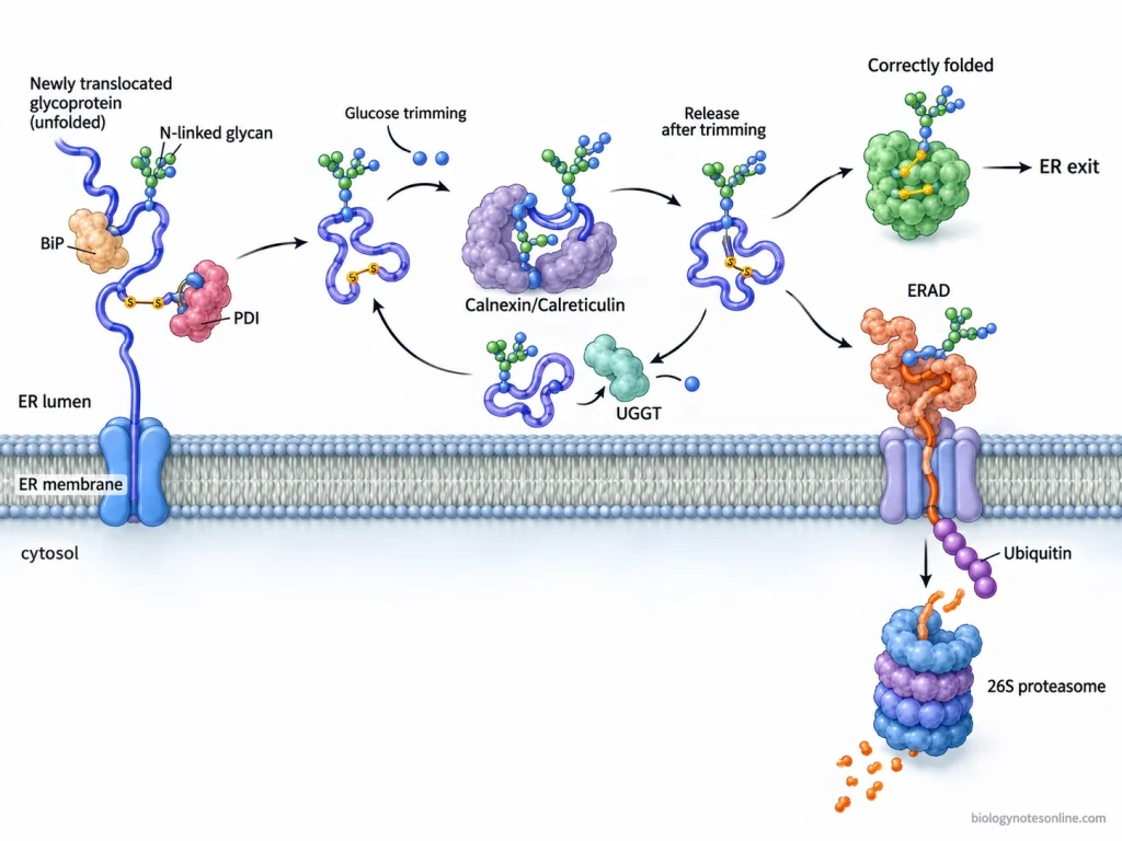 Newly synthesized ER glycoproteins undergo chaperone-assisted folding and calnexin-calreticulin quality control, with correctly folded proteins exported and persistent misfolded proteins sent to ERAD and the proteasome.