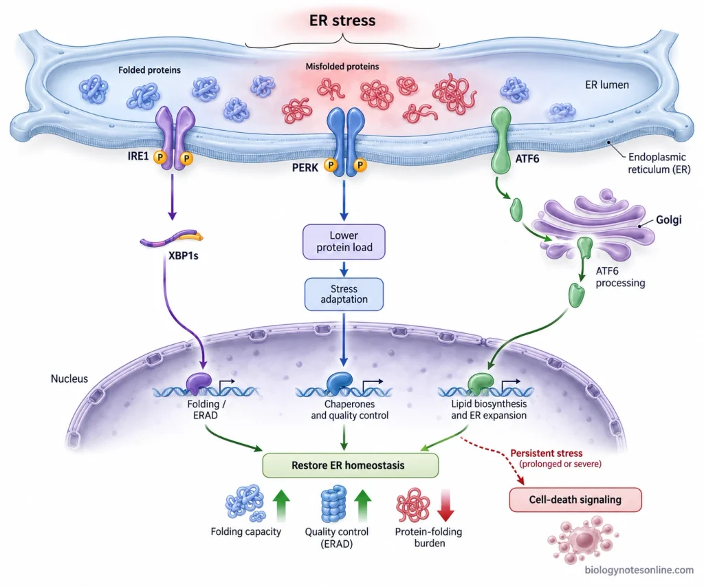 ER stress activates the IRE1, PERK, and ATF6 branches of the unfolded protein response to reduce folding stress and restore ER homeostasis, while unresolved stress can promote cell-death signaling.