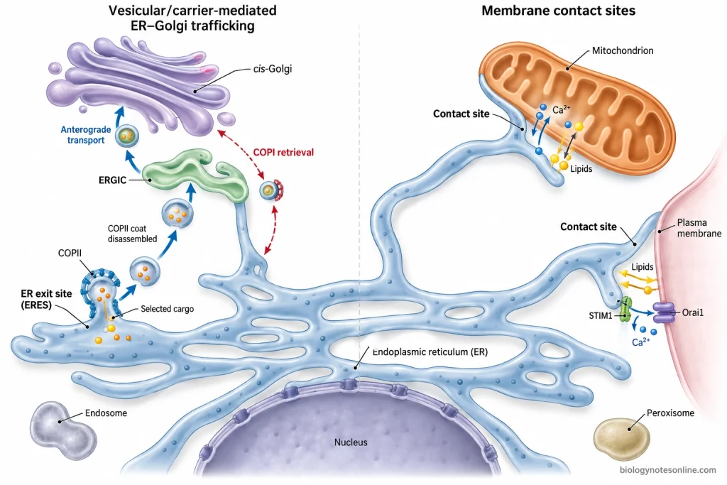 Endoplasmic reticulum communication showing COPII-dependent cargo transport through ERGIC to the Golgi alongside non-fused ER contact sites with mitochondria and the plasma membrane.