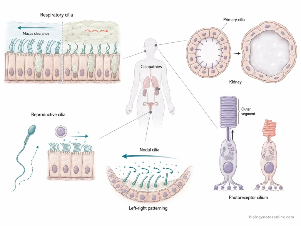 Integrated diagram linking defective respiratory, reproductive, nodal, kidney and photoreceptor cilia with impaired mucus clearance, fertility, body patterning, kidney structure and vision.