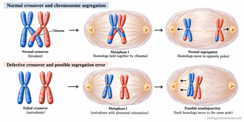 Prophase: Definition, Events, and Stages in Cell Division 6 Comparative diagram showing normal homologous chromosomes connected by a chiasma and unconnected chromosomes that may undergo abnormal segregation.