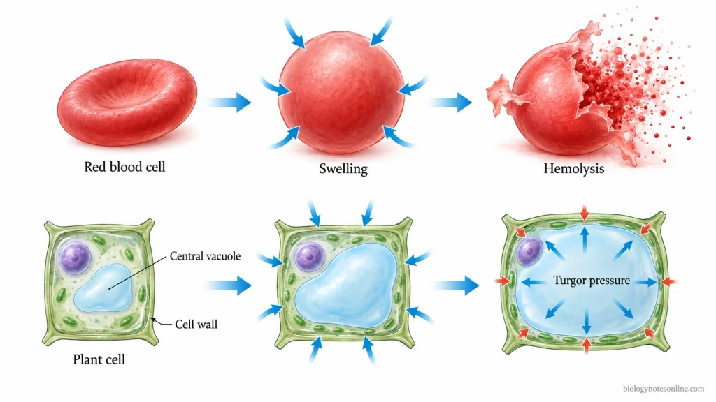 Comparison showing red blood cell swelling and possible hemolysis alongside water uptake, vacuolar expansion and turgor development in a plant cell.