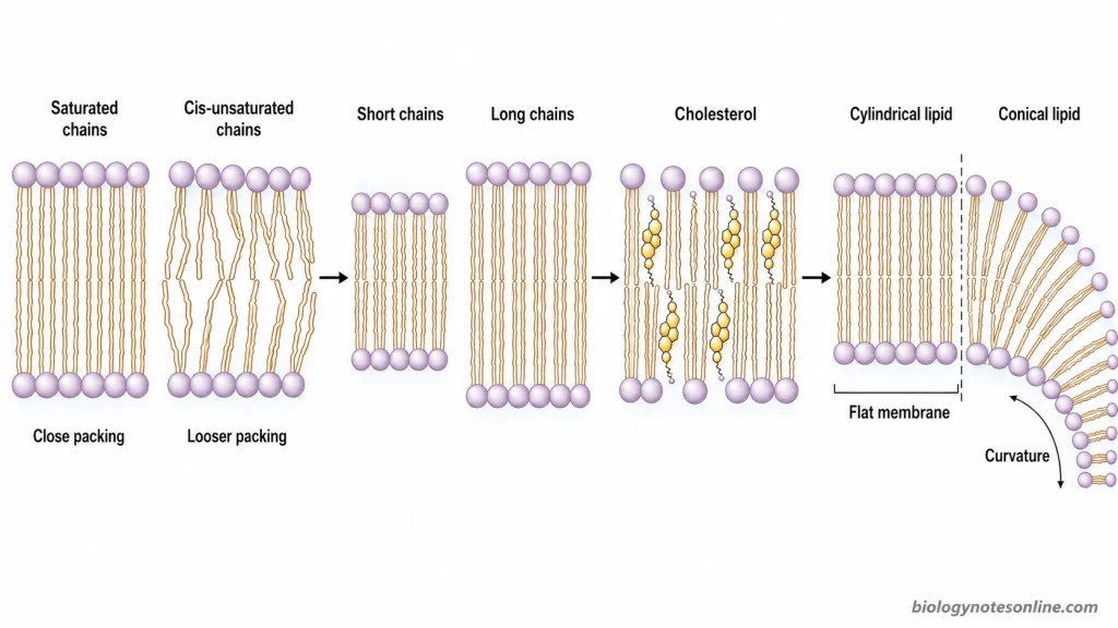 Bilayer comparisons showing how fatty-acid saturation, chain length, cholesterol, and lipid shape influence membrane packing, thickness, fluidity, permeability, and curvature.