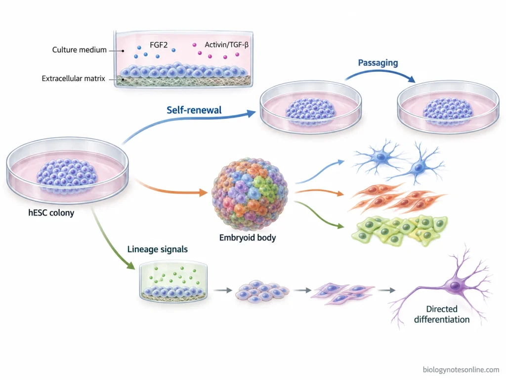 Human embryonic stem cells maintained in self-renewing culture or directed toward spontaneous embryoid-body formation and controlled differentiation into specialized cells.