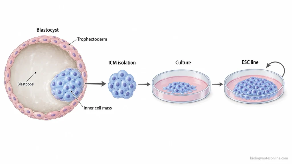 Human blastocyst showing the trophectoderm, blastocoel and inner cell mass, followed by isolation and culture of inner-cell-mass cells to establish an embryonic stem cell line.