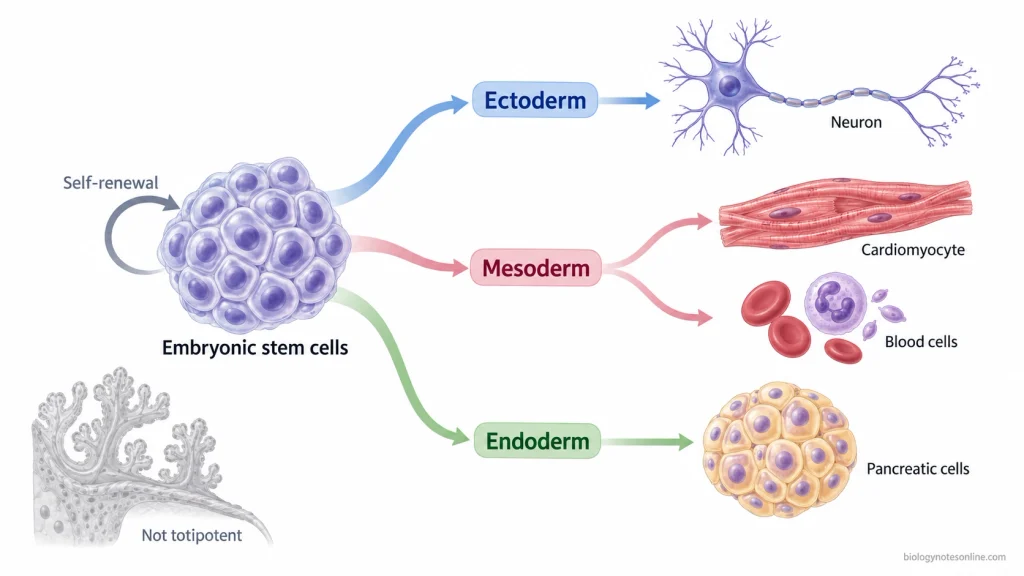 Embryonic stem cells undergoing self-renewal or differentiating through ectoderm, mesoderm and endoderm lineages into representative neurons, cardiomyocytes, blood cells and pancreatic cells.