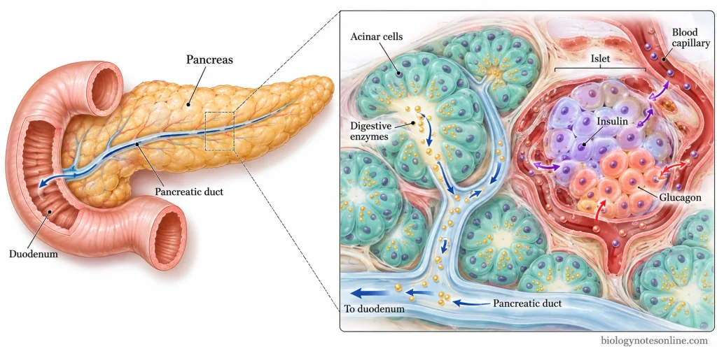 Anatomical diagram of the pancreas showing digestive enzymes released by acinar cells into pancreatic ducts and insulin and glucagon released by pancreatic islets into capillaries.