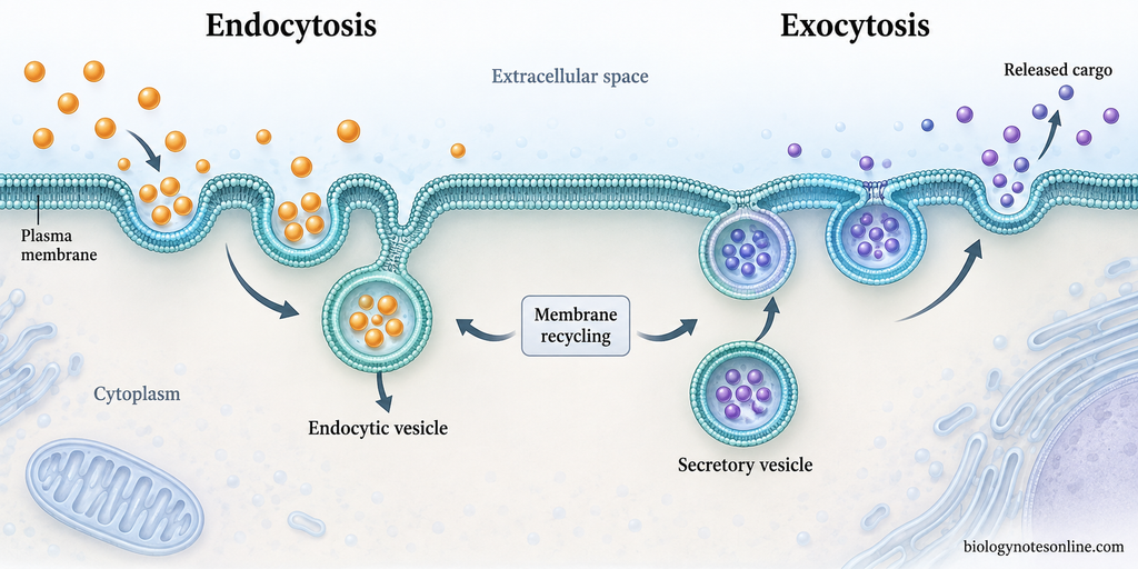 Endocytosis forms an inward-moving vesicle from the plasma membrane, while exocytosis fuses an intracellular vesicle with the membrane to release cargo outside the cell.
