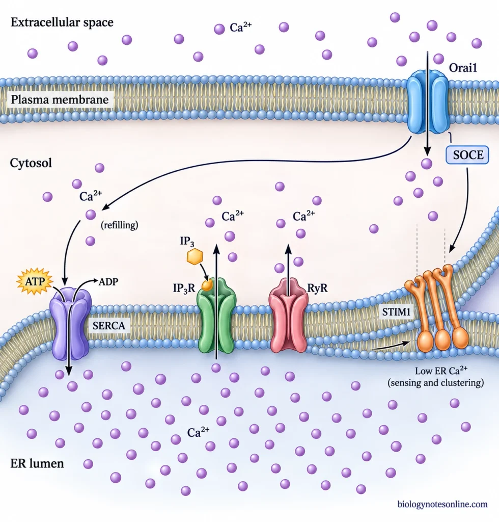 ER calcium signaling showing SERCA-mediated uptake, IP3 receptor and ryanodine receptor release, and STIM1–Orai1 store-operated calcium entry after ER calcium depletion.