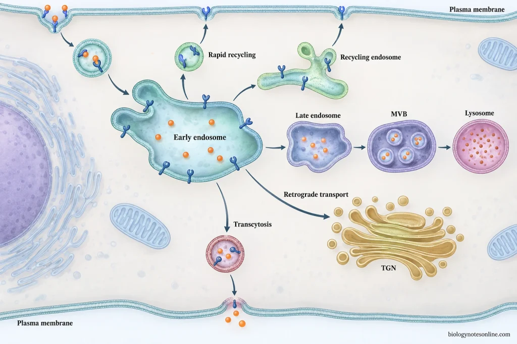 Endocytosis - Definition, Types, Mechanism, Functions & Examples 4 Early endosome sorting routes internalized cargo toward plasma-membrane recycling, late endosomes and lysosomes, the trans-Golgi network, or transcytosis.