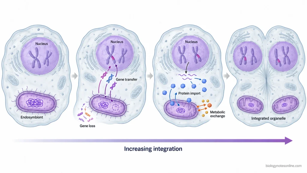 Mechanistic diagram showing genome reduction, gene transfer to the host nucleus, protein import, metabolic integration and increasing host dependence during organelle evolution.