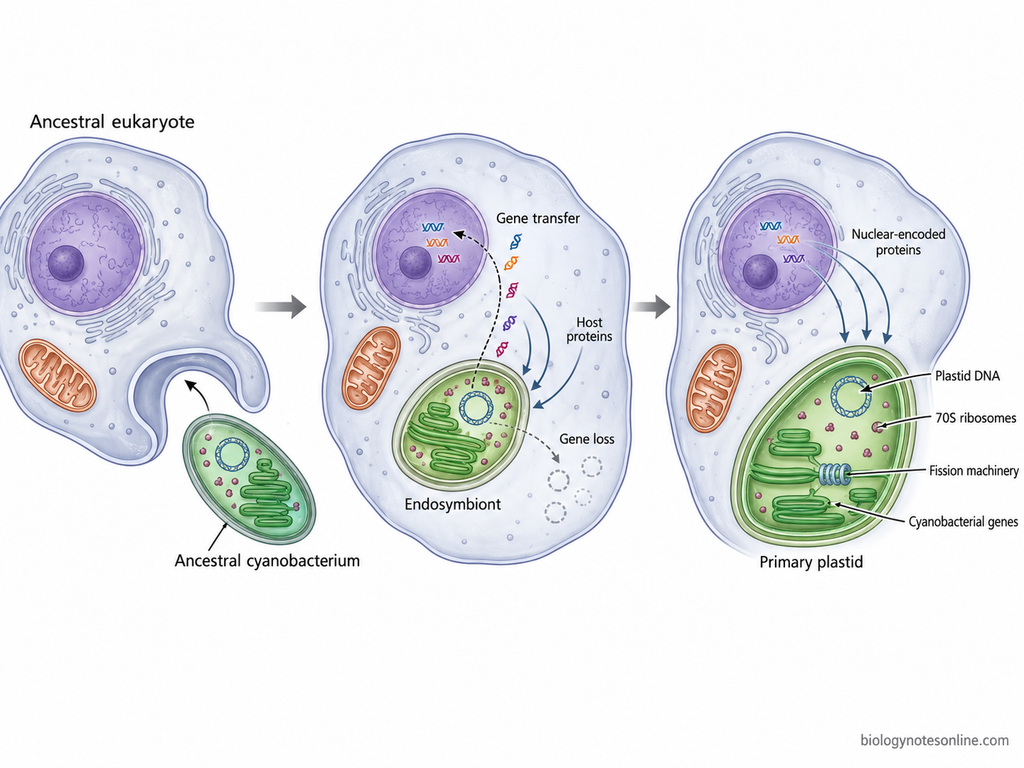 Evolutionary sequence showing an ancestral eukaryote retaining a cyanobacterium, transfer and loss of endosymbiont genes, and development of an integrated primary plastid dependent on nuclear-encoded proteins.