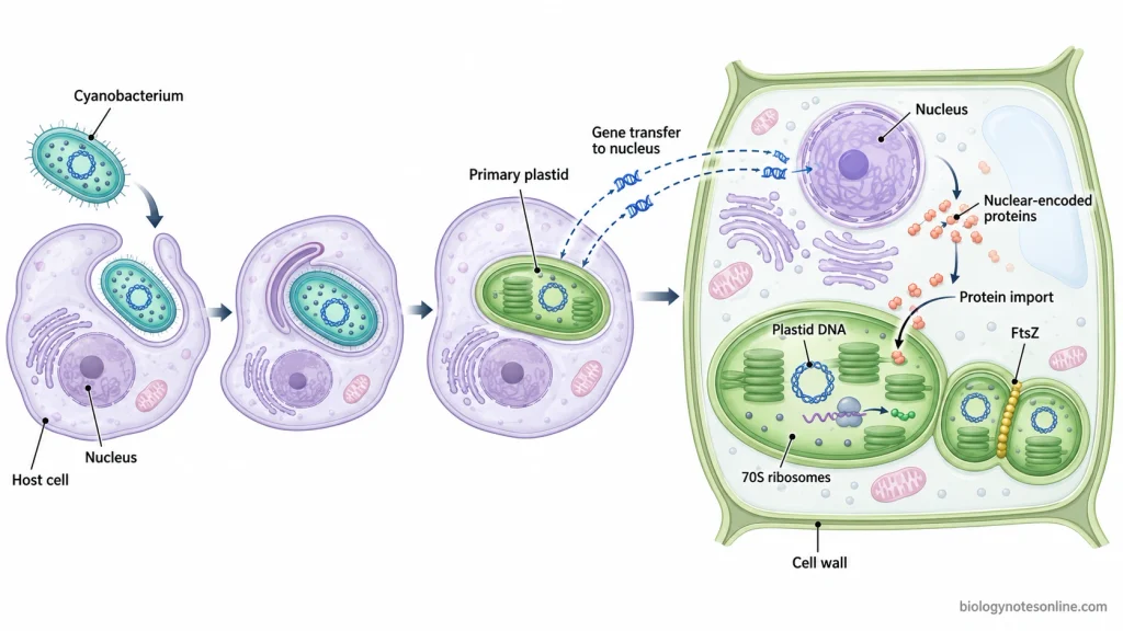 Diagram showing cyanobacterial endosymbiosis, gene transfer to the nucleus, retained plastid DNA and ribosomes, and import of nuclear-encoded proteins into modern plastids.