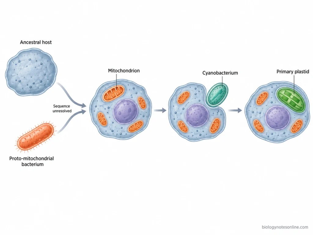 Scientific schematic showing bacterial endosymbiotic origins of mitochondria and primary plastids, with mitochondrial acquisition during early eukaryogenesis followed by cyanobacterial origin of plastids.