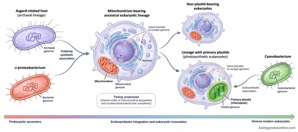 Evolutionary schematic showing an Asgard-related archaeal lineage, alphaproteobacterial origin of mitochondria and later cyanobacterial origin of primary plastids.