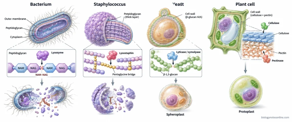 Different cell-wall enzymes targeting bacterial peptidoglycan, staphylococcal cross-bridges, yeast glucans, and plant cellulose and pectin.
