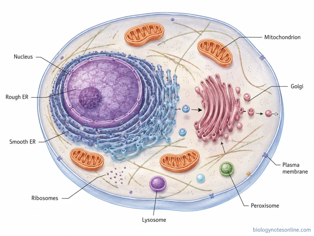 Generalized eukaryotic cell showing the nucleus, rough and smooth endoplasmic reticulum, Golgi apparatus, mitochondria, lysosome, peroxisome, ribosomes, vesicles, and plasma membrane.