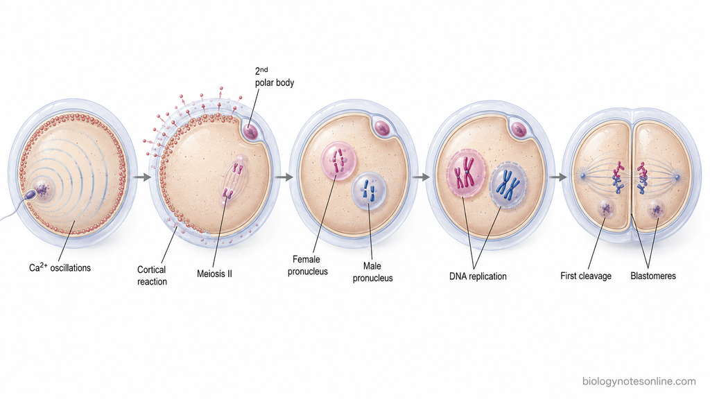 Human fertilized oocyte progressing through Ca²⁺ activation, cortical reaction, meiosis II completion, pronuclear formation, chromosome preparation, and first cleavage.