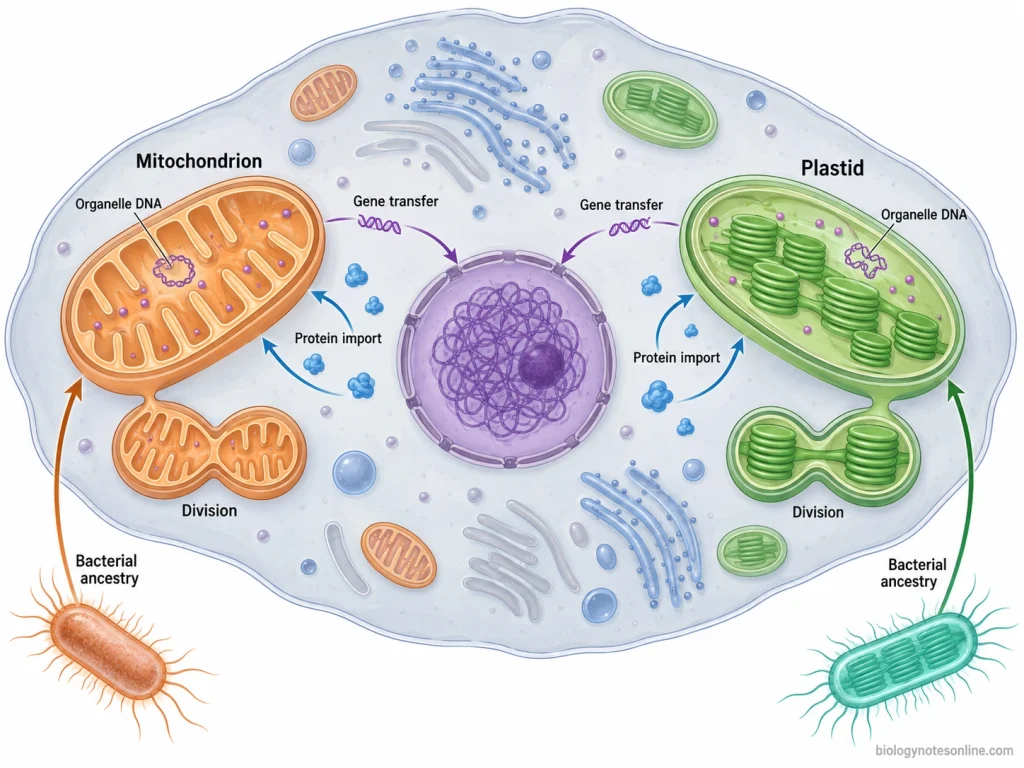 Integrated diagram showing bacterial ancestry, organelle DNA, division, membranes, endosymbiotic gene transfer, and protein import as evidence for mitochondrial and plastid endosymbiosis.