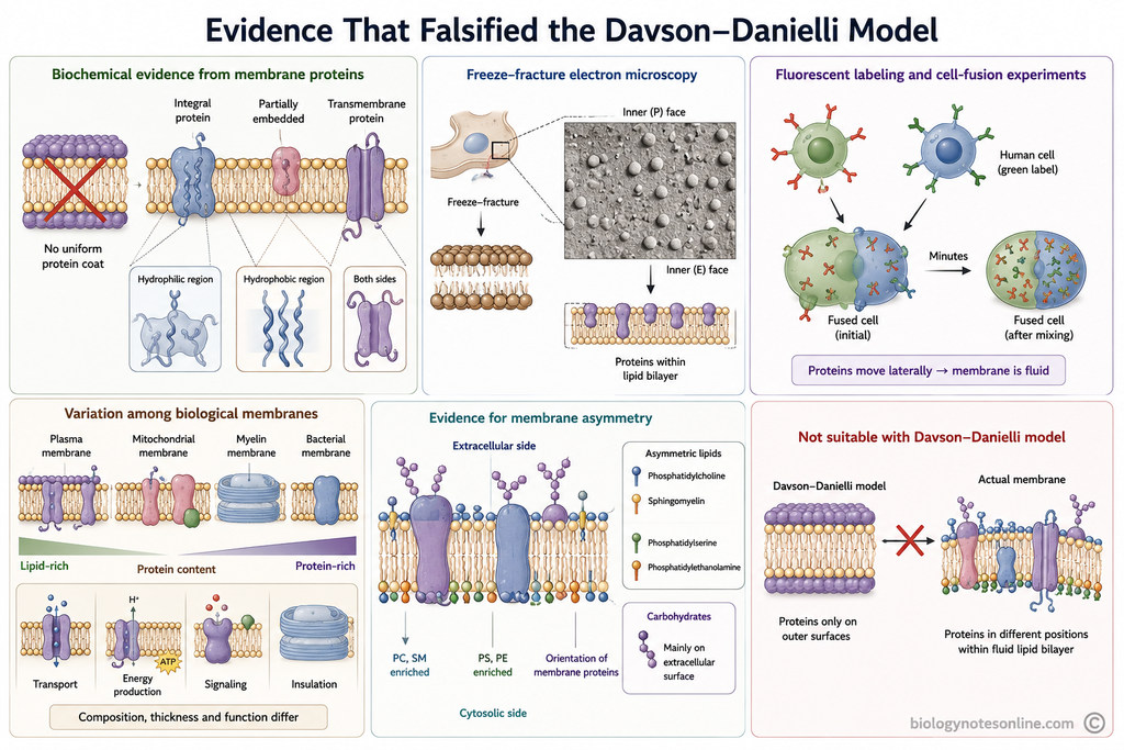 Diagram showing Evidence That Falsified the Davson–Danielli Model