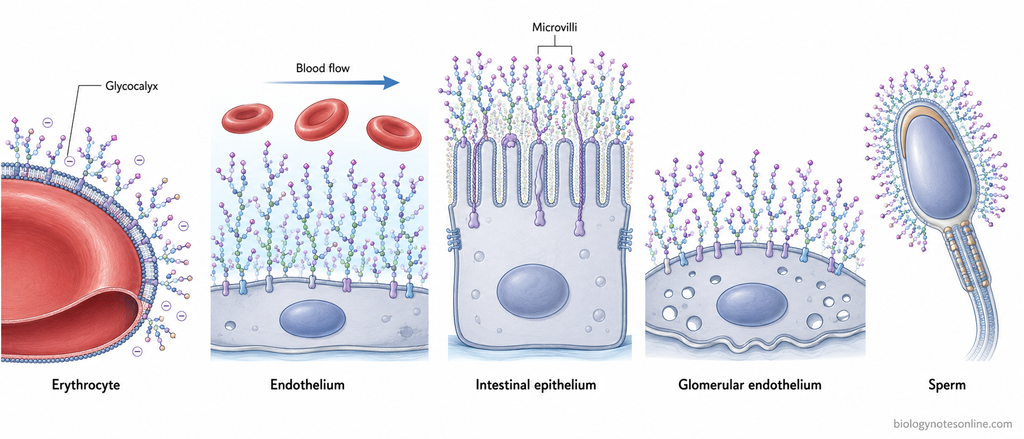 Comparative schematic of glycocalyx organization on erythrocytes, vascular endothelial cells, intestinal epithelial cells, glomerular endothelial cells and sperm.