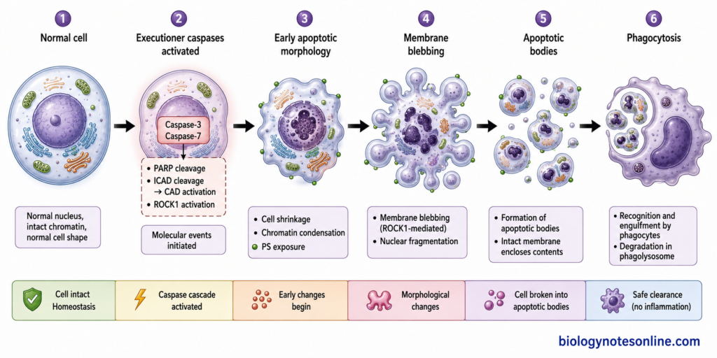 Stages of apoptotic cell execution showing caspase activation, cell shrinkage, chromatin condensation, membrane blebbing, apoptotic body formation and phagocytosis.