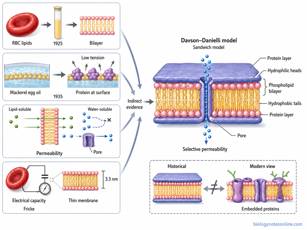Diagram showing Experimental Basis of the Davson–Danielli Model
