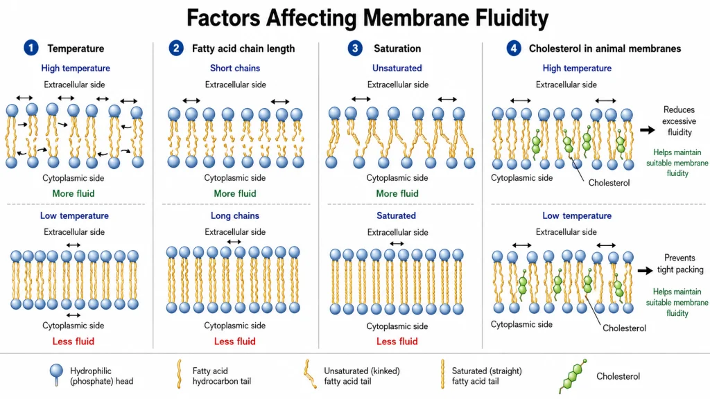 Comparison diagram showing how temperature, fatty acid chain length, unsaturation, and cholesterol affect plasma membrane fluidity.