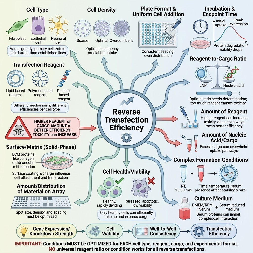 Reverse Transfection: Principle, Protocol, Steps & Applications 8 diagram showing Factors Affecting Reverse Transfection Efficiency
